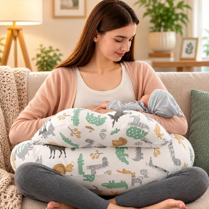 Proliva Feeding Pillow for New Born Baby with Detachable Cover Breast Feeding & Maternity Nursing Pillow for Breastfeeding Support for Baby Feeding Pillow for Mom (Off White-Camel-B2)