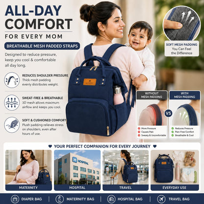 Motherly Patented Diaper Bag For Mothers For Travel, Crown Series, Pink | Backpack for Mothers | Waterproof Baby Travel & Maternity Bag | Multiple Compartments, Insulated Bottle Pockets, Warranty