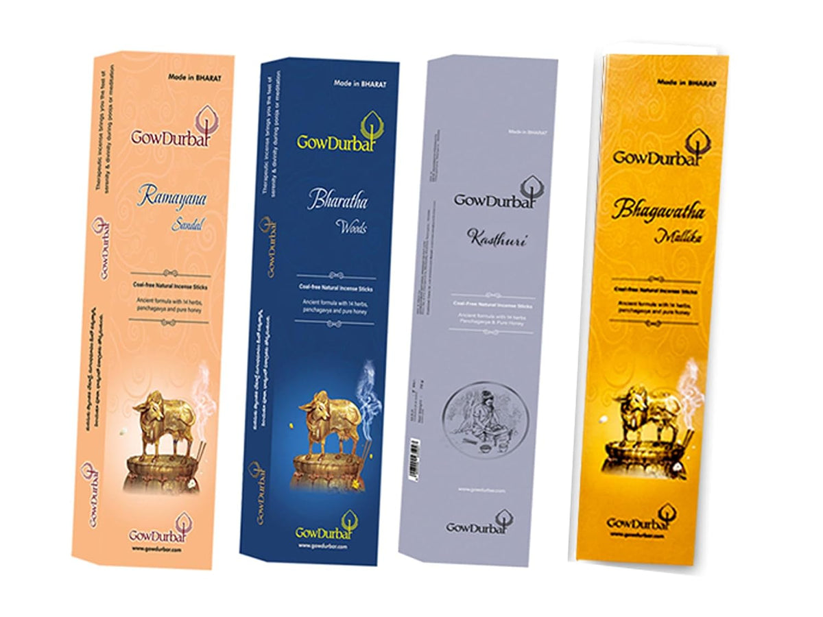 GOW DURBAR Coal-Free Natural Incense Sticks Agarbatti Combo Pack of 4 (Ramayana,Bharatha,Kasturi,Bhagavatha Mallika)