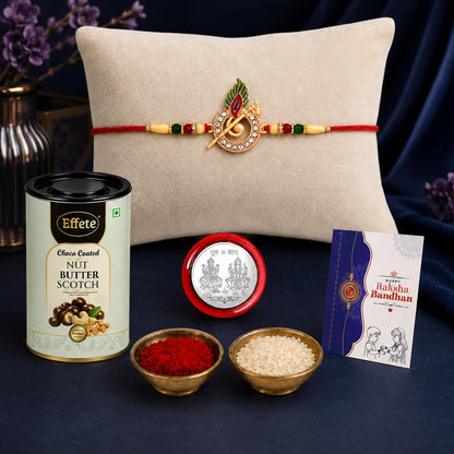 DeoDap Designer Murli Flute Rakhi for Brother with Choco Coated Nut Butterscotch Chocolate 96gm, Pooja Coin, Roli Chawal & Card | Rakhi with Chocolate Combo for Raksha Bandhan