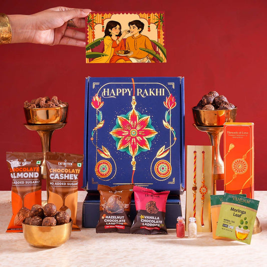 Bandhan - 10-Item Rakhi Gift Hamper for brother with set of 2 Premium Rakhis, Chocolate Coated Cashews & Almonds, Hazelnut Dry-Fruit Laddoos | Rakhi for Brother with Gift Combo Set by Eat Better Co