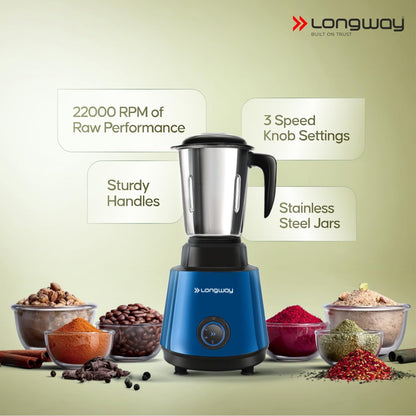 Longway Super Pro Juicer Mixer Grinder | Up to 750W Max Output Powerful Motor | 4 Jars for Grinding, Mixing, Juicing | 2 Years Warranty (Blue & Black)