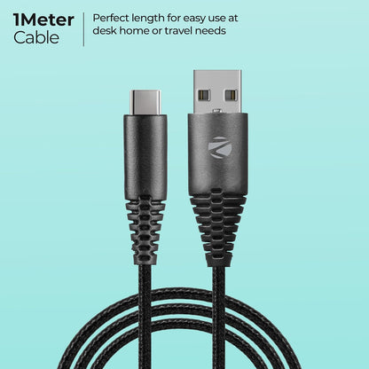 Zebronics Type-C Fast Charging Cable, Upto 480 Mbps, 36W Rapid Charge, 3A Output, Charge & Sync Data Cable, 1 Meter Length, Tangle-Free Durable Design (CU300T)