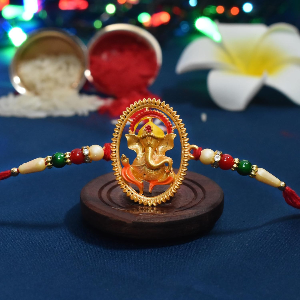 DeoDap Designer Murli Flute Rakhi for Brother with Choco Coated Nut Butterscotch Chocolate 96gm, Pooja Coin, Roli Chawal & Card | Rakhi with Chocolate Combo for Raksha Bandhan