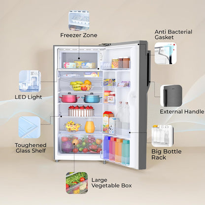 Haier 190 L 5 Star Direct Cool Inverter Single Door Refrigerator with Fast Ice Making, Easy Clean Back, Large Vegetable Box (HED-205DSA-P, Dazzle Steel, 2026 Model)