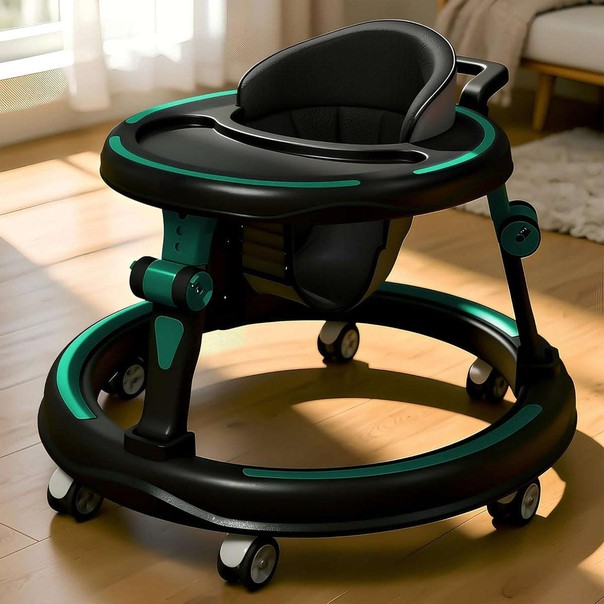 StarandDaisy Baby Walker for Babies, 6-18 Month Baby Boy & Girl, Adjustable Height Infant Learning Walker with 360° Wheels, Anti-Slip, Comfortable Padded Seat, Activity Tray, Foldable Toddler Walker (Orange-Black)