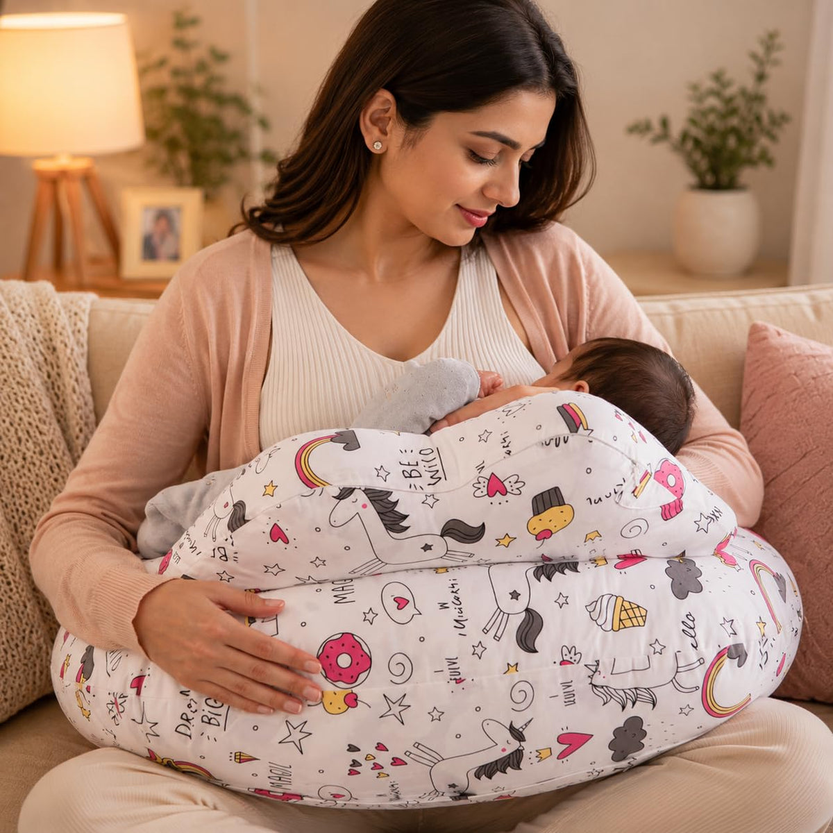 Proliva Feeding Pillow for New Born Baby with Detachable Cover Breast Feeding & Maternity Nursing Pillow for Breastfeeding Support for Baby Feeding Pillow for Mom (Off White-Camel-B2)
