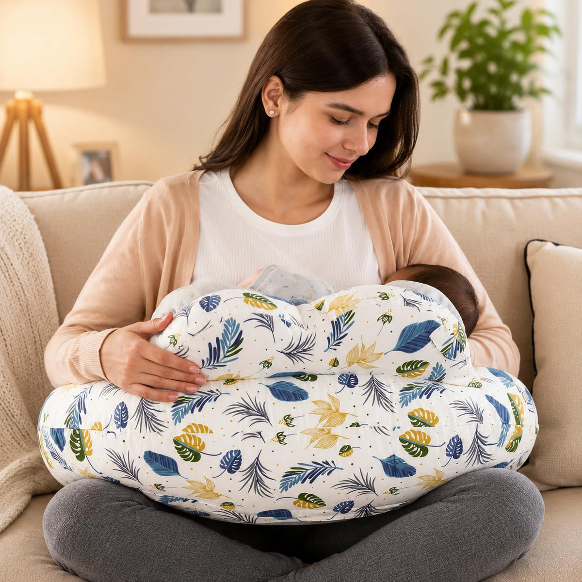 Proliva Feeding Pillow for New Born Baby with Detachable Cover Breast Feeding & Maternity Nursing Pillow for Breastfeeding Support for Baby Feeding Pillow for Mom (Off White-Camel-B2)