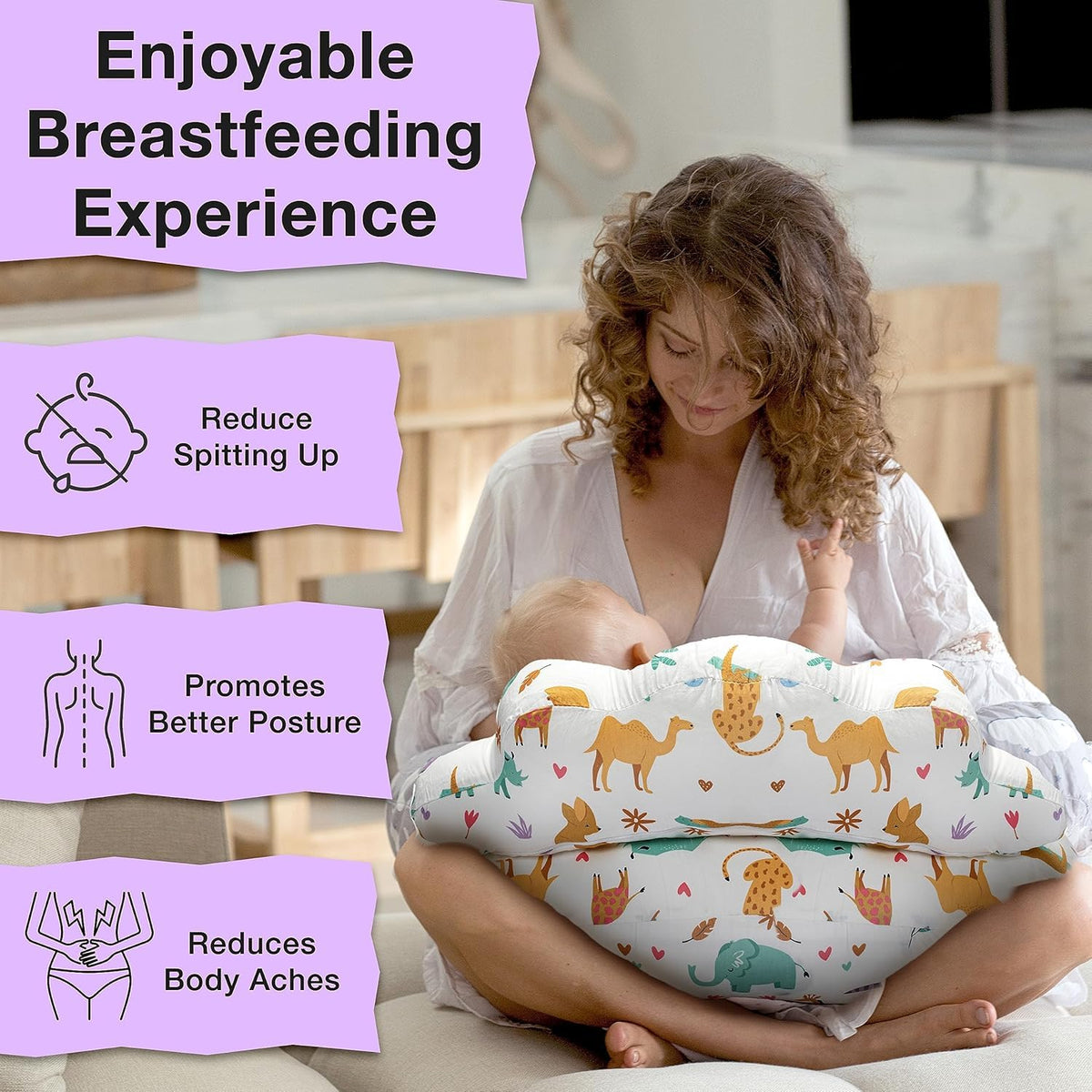 Proliva Feeding Pillow for New Born Baby with Detachable Cover Breast Feeding & Maternity Nursing Pillow for Breastfeeding Support for Baby Feeding Pillow for Mom (Off White-Camel-B2)