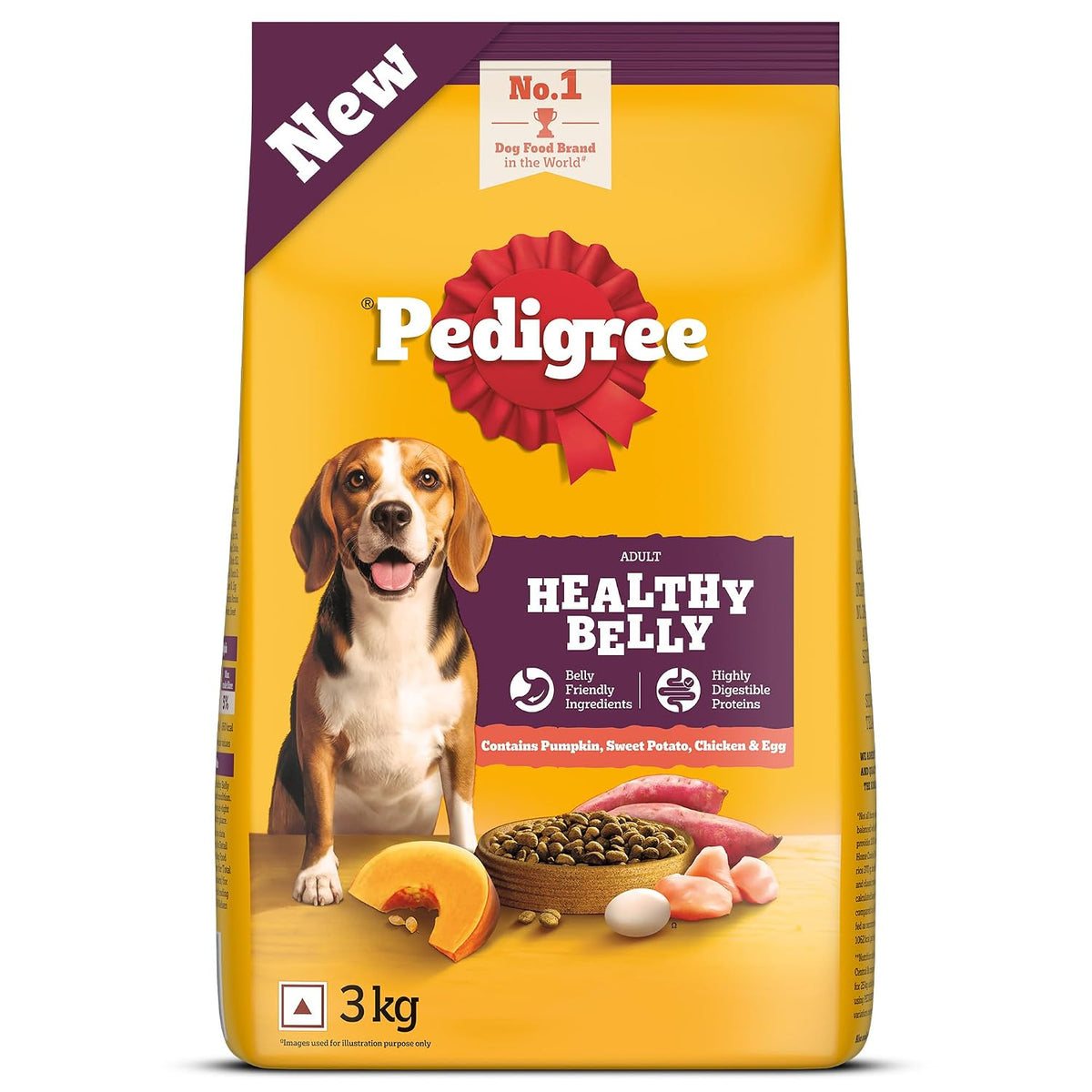 Pedigree Adult Dry Dog Food, New Healthy Belly, 3 kg, Belly Friendly Ingredients, Highly Digestible Proteins, Contains Pumpkin, Sweet Potato, Chicken & Egg, with Prebiotics