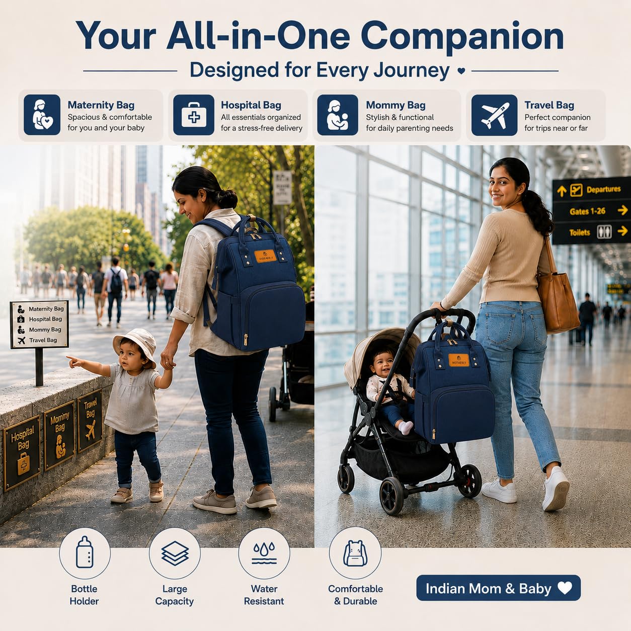 Motherly Patented Diaper Bag For Mothers For Travel, Crown Series, Pink | Backpack for Mothers | Waterproof Baby Travel & Maternity Bag | Multiple Compartments, Insulated Bottle Pockets, Warranty