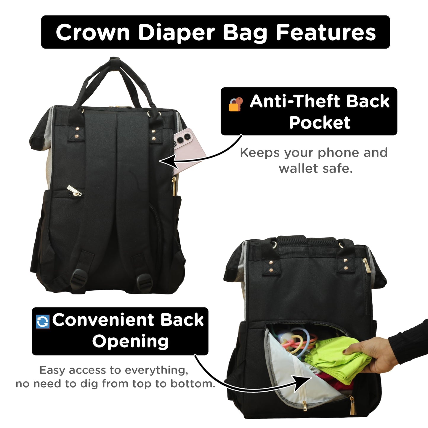 Motherly Patented Diaper Bag For Mothers For Travel, Crown Series, Pink | Backpack for Mothers | Waterproof Baby Travel & Maternity Bag | Multiple Compartments, Insulated Bottle Pockets, Warranty