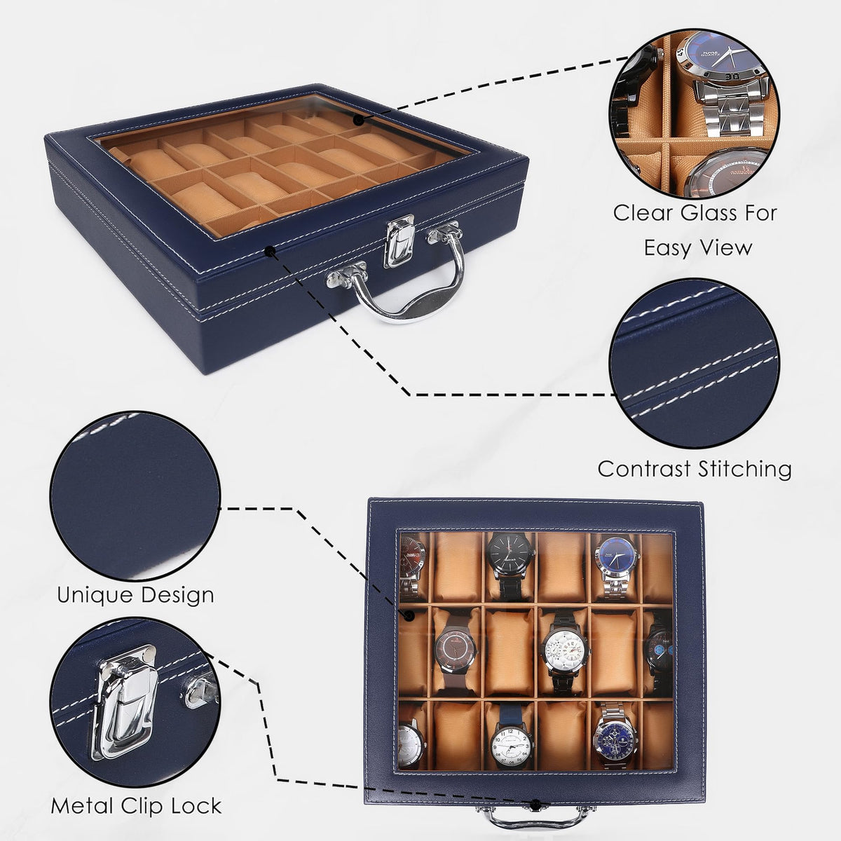 LEDO Men's and Women's Watch Box Holder Organizer Case In 12 Slots of watches In PU Leather with Black & Gray
