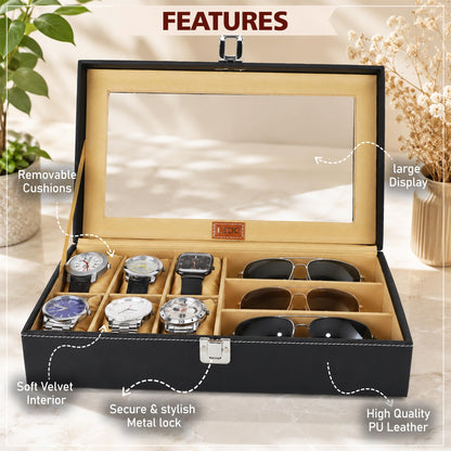 LEDO Men's and Women's Watch Box Holder Organizer Case In 12 Slots of watches In PU Leather with Black & Gray