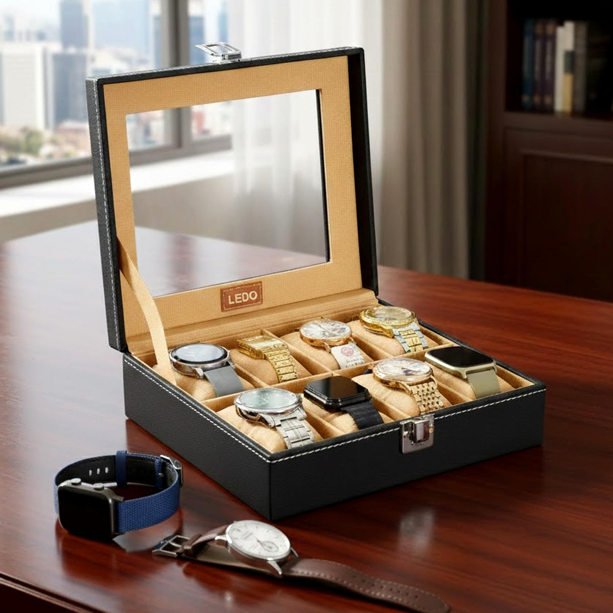 LEDO Men's and Women's Watch Box Holder Organizer Case In 12 Slots of watches In PU Leather with Black & Gray