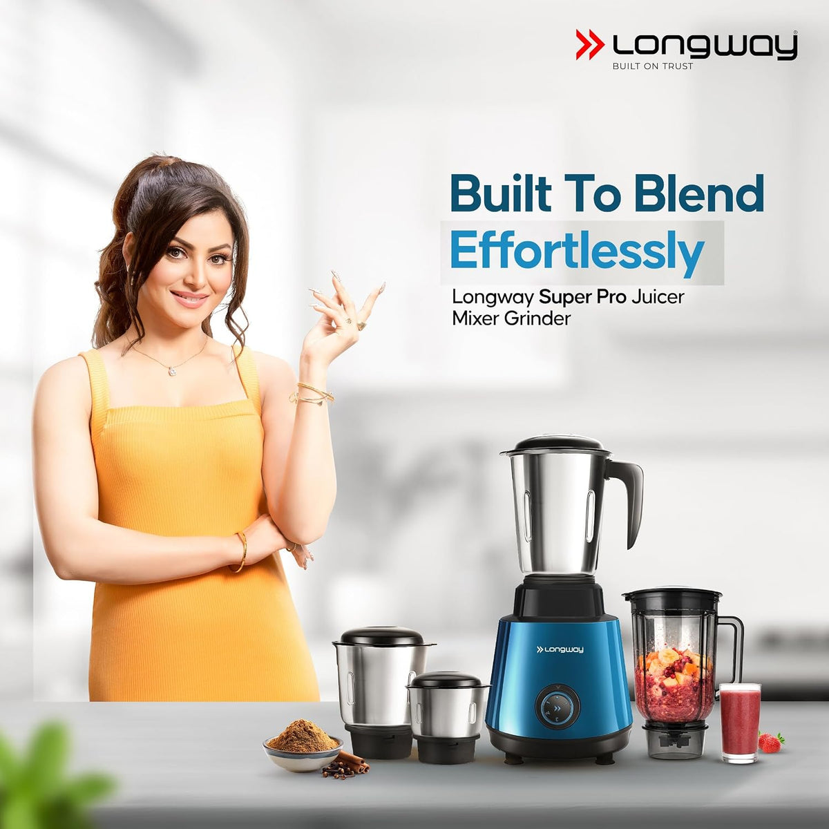 Longway Super Pro Juicer Mixer Grinder | Up to 750W Max Output Powerful Motor | 4 Jars for Grinding, Mixing, Juicing | 2 Years Warranty (Blue & Black)