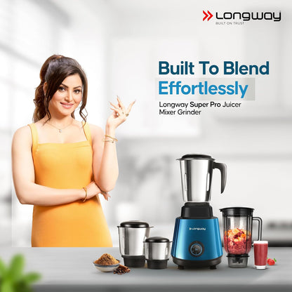 Longway Super Pro Juicer Mixer Grinder | Up to 750W Max Output Powerful Motor | 4 Jars for Grinding, Mixing, Juicing | 2 Years Warranty (Blue & Black)