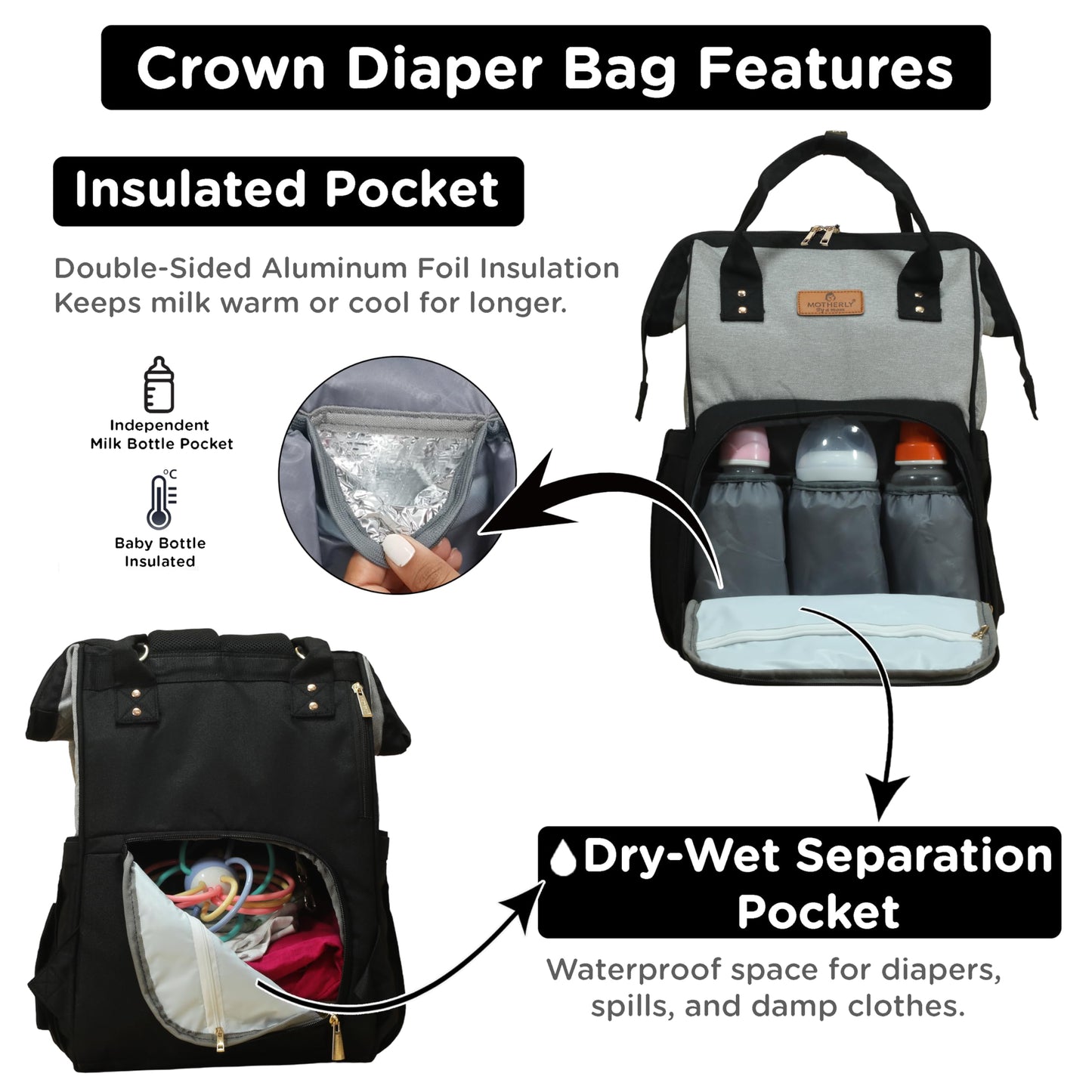Motherly Patented Diaper Bag For Mothers For Travel, Crown Series, Pink | Backpack for Mothers | Waterproof Baby Travel & Maternity Bag | Multiple Compartments, Insulated Bottle Pockets, Warranty