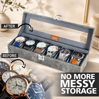 LEDO Men's and Women's Watch Box Holder Organizer Case In 12 Slots of watches In PU Leather with Black & Gray