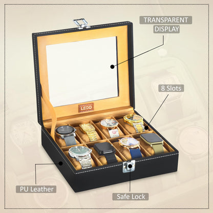 LEDO Men's and Women's Watch Box Holder Organizer Case In 12 Slots of watches In PU Leather with Black & Gray