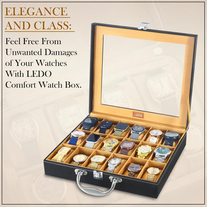 LEDO Men's and Women's Watch Box Holder Organizer Case In 12 Slots of watches In PU Leather with Black & Gray