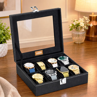 LEDO Men's and Women's Watch Box Holder Organizer Case In 12 Slots of watches In PU Leather with Black & Gray