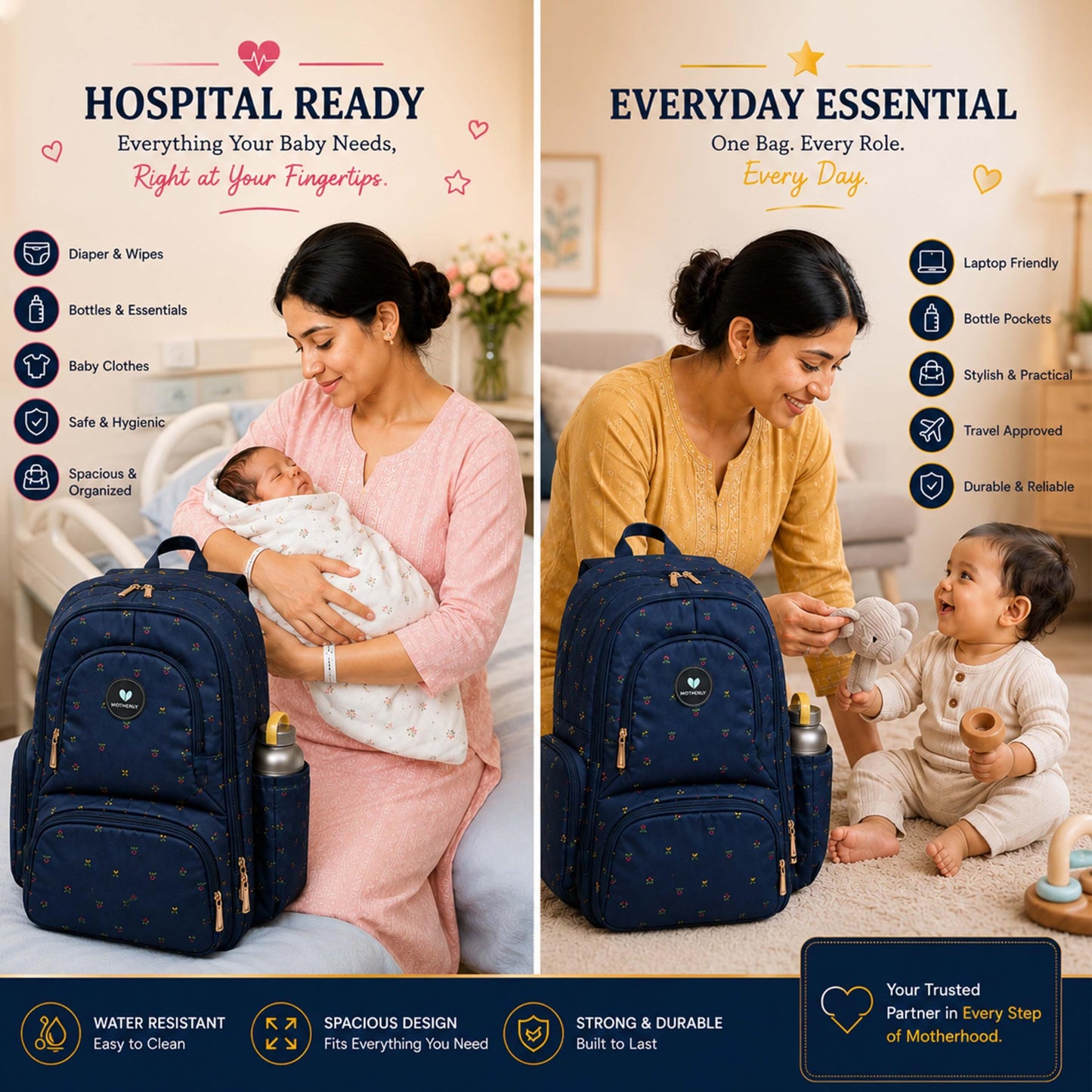 Motherly Patented Diaper Bag For Mothers For Travel, Crown Series, Pink | Backpack for Mothers | Waterproof Baby Travel & Maternity Bag | Multiple Compartments, Insulated Bottle Pockets, Warranty