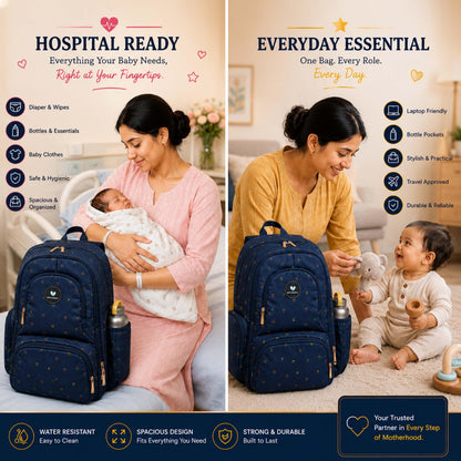 Motherly Patented Diaper Bag For Mothers For Travel, Crown Series, Pink | Backpack for Mothers | Waterproof Baby Travel & Maternity Bag | Multiple Compartments, Insulated Bottle Pockets, Warranty
