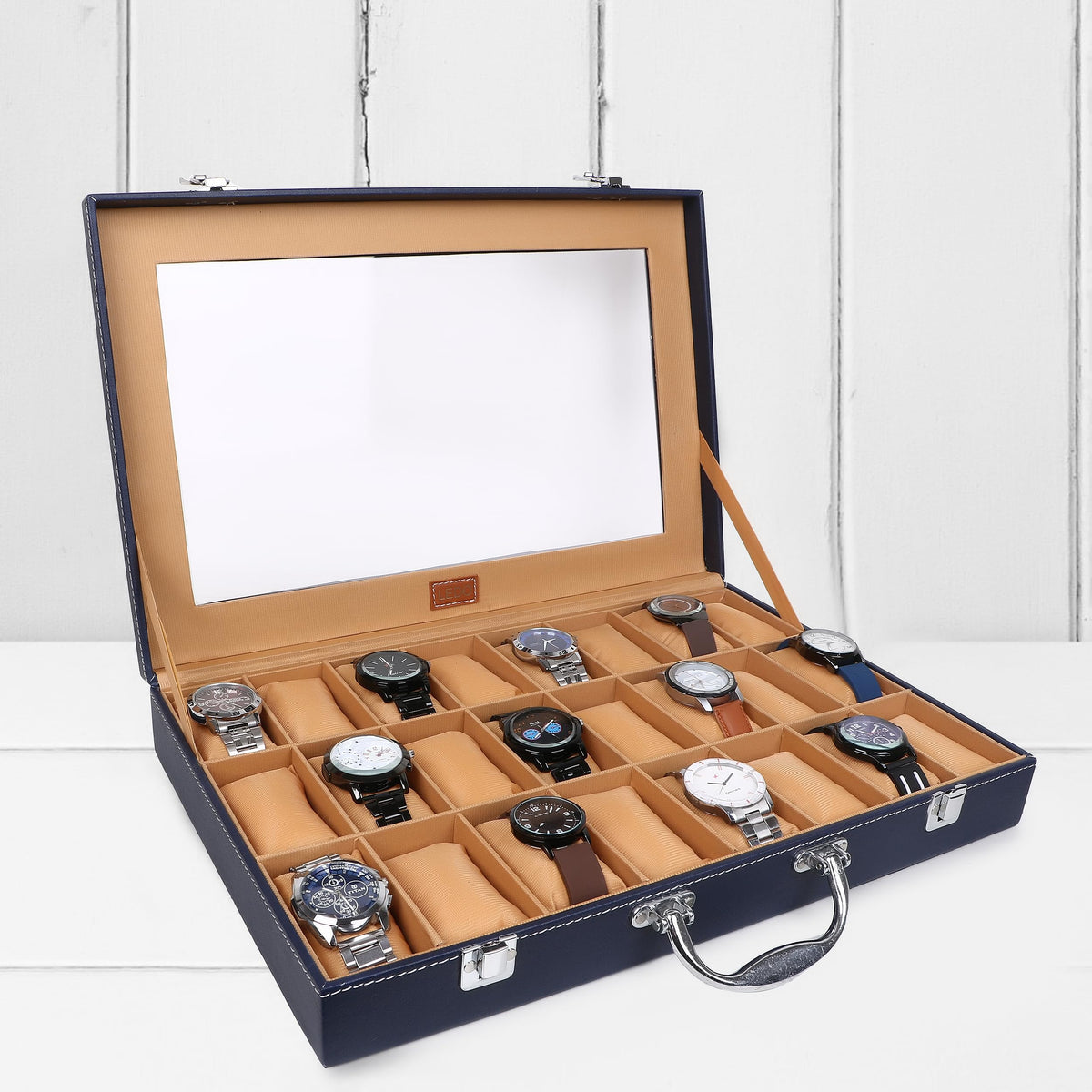 LEDO Men's and Women's Watch Box Holder Organizer Case In 12 Slots of watches In PU Leather with Black & Gray