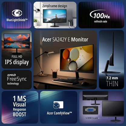 Acer SmartChoice SA242Y E 23.8 Inch Full HD IPS Monitor I 100Hz Refresh Rate I 1ms VRB I AMD FreeSync I Ultra Slim ZeroFrame Design I VisionCare I HDMI & VGA Inbox HDMI Cable I VESA Mount I Black