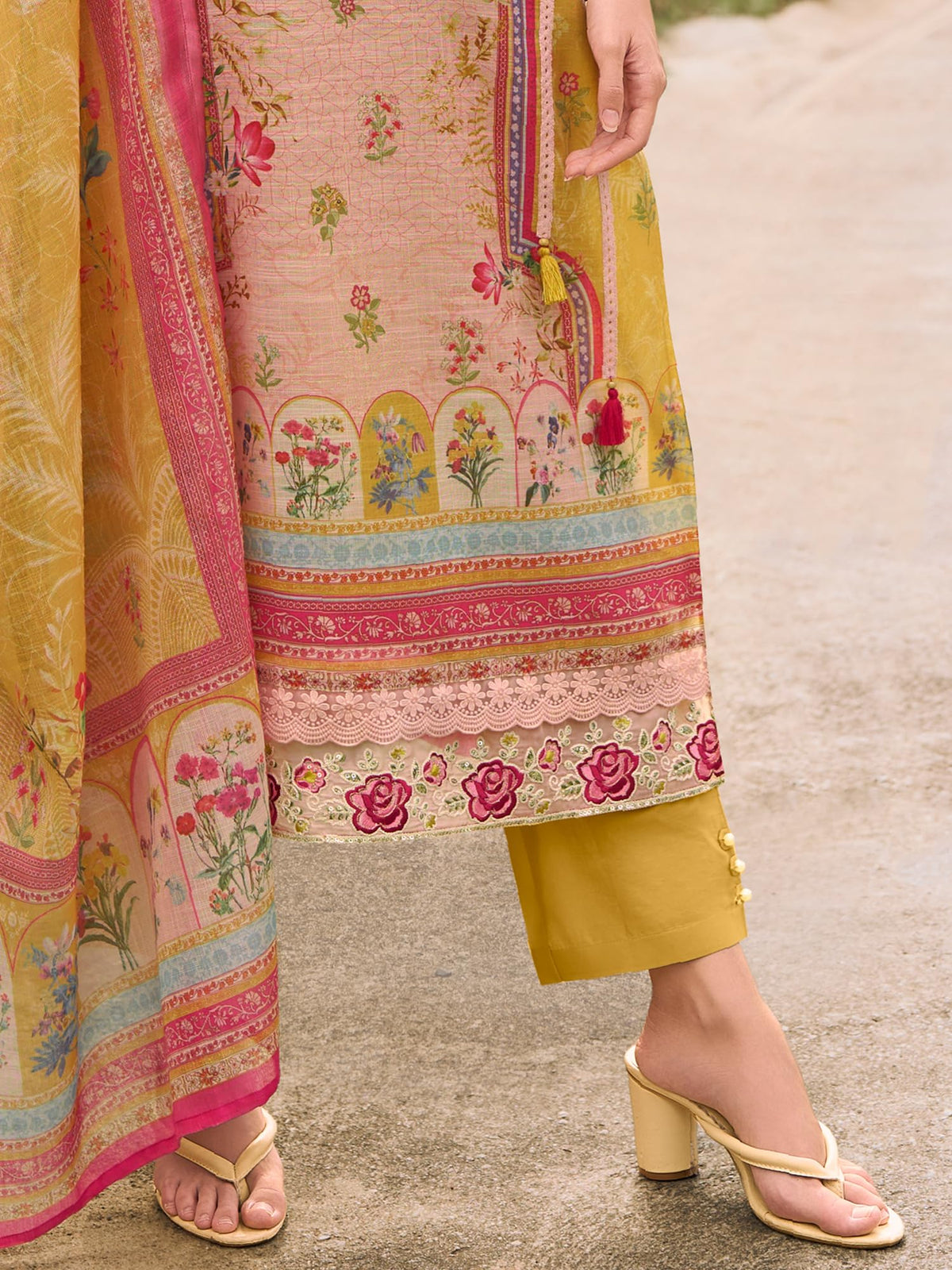 INDO ERA Women's Straight Linen Floral Printed Kurta & Pant with Dupatta Set | Kurta Sets For Woman