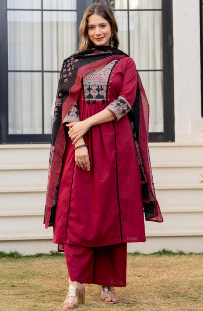 Amayra Women's Pure Cotton A-Line Kurta Set with Palazzo Pants & Dupatta|Ethnic wear|Kurti Suit Set for Women