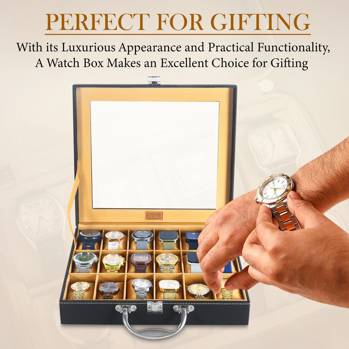 LEDO Men's and Women's Watch Box Holder Organizer Case In 12 Slots of watches In PU Leather with Black & Gray