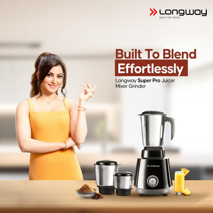 Longway Super Pro Juicer Mixer Grinder | Up to 750W Max Output Powerful Motor | 4 Jars for Grinding, Mixing, Juicing | 2 Years Warranty (Blue & Black)