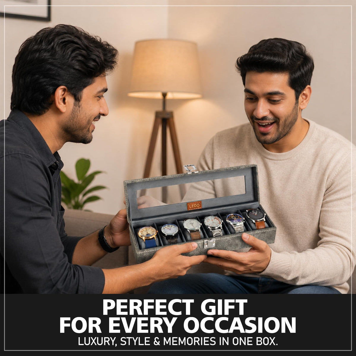 LEDO Men's and Women's Watch Box Holder Organizer Case In 12 Slots of watches In PU Leather with Black & Gray