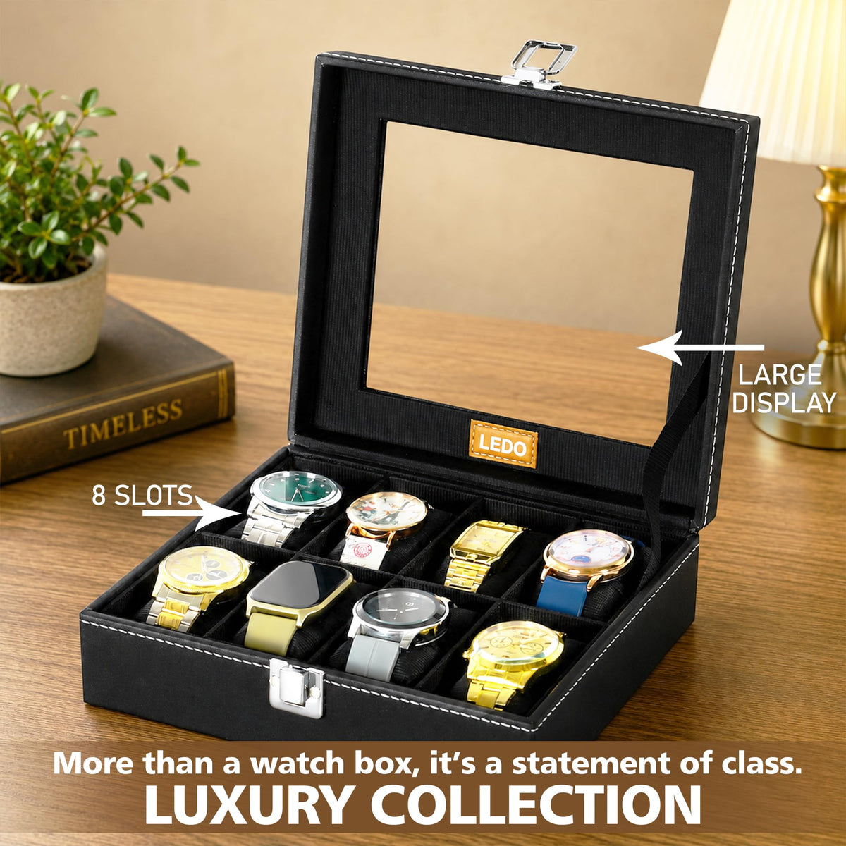 LEDO Men's and Women's Watch Box Holder Organizer Case In 12 Slots of watches In PU Leather with Black & Gray