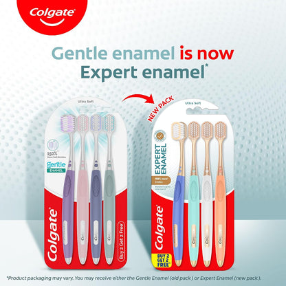 Colgate Gentle Enamel Ultra Soft Bristles Manual Toothbrush for adults, 4 Pcs (Buy2 Get 2), Soft Bristles for Enamel Care,Multicolor