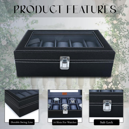 LEDO Men's and Women's Watch Box Holder Organizer Case In 12 Slots of watches In PU Leather with Black & Gray