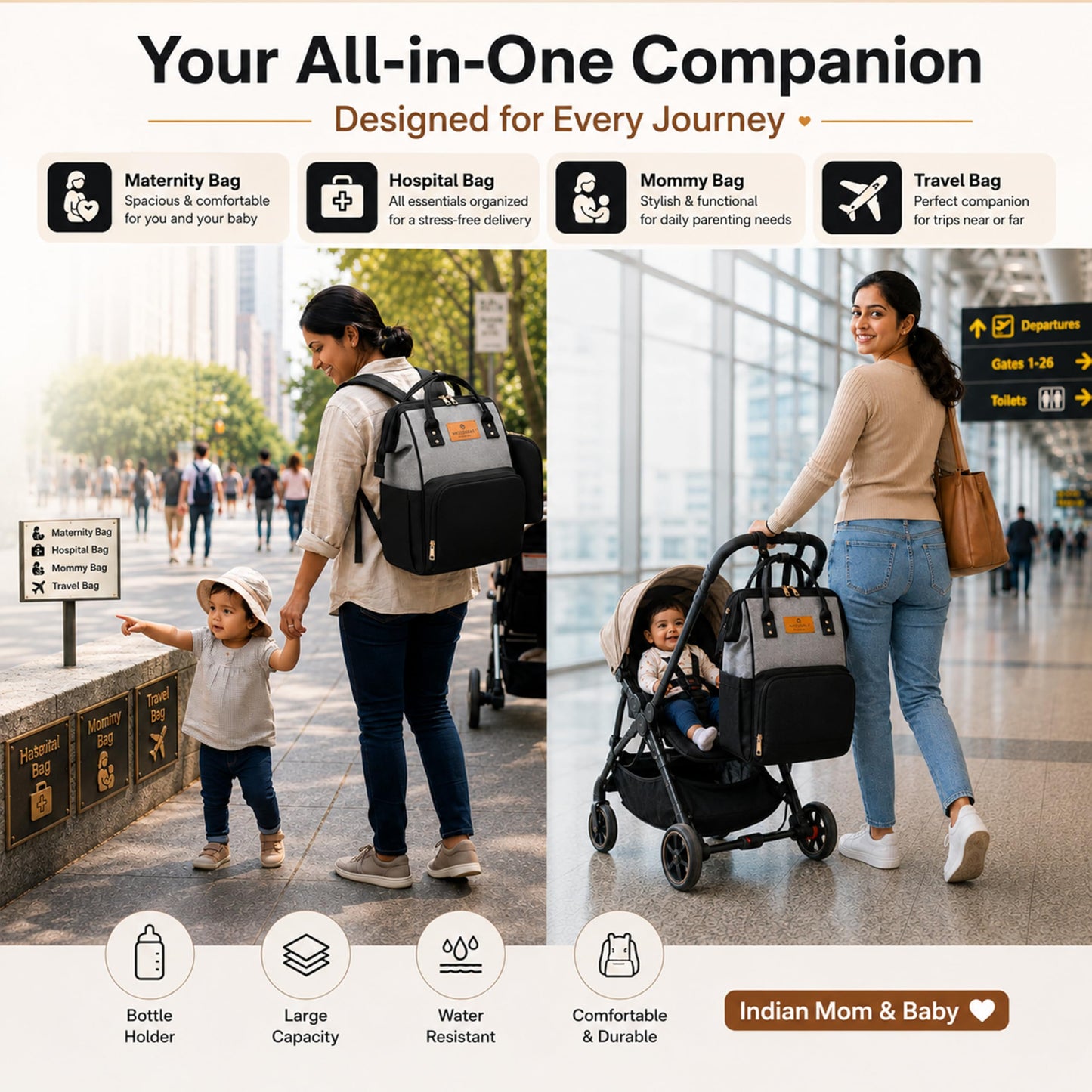Motherly Patented Diaper Bag For Mothers For Travel, Crown Series, Pink | Backpack for Mothers | Waterproof Baby Travel & Maternity Bag | Multiple Compartments, Insulated Bottle Pockets, Warranty