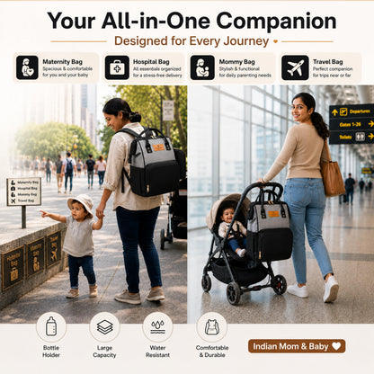 Motherly Patented Diaper Bag For Mothers For Travel, Crown Series, Pink | Backpack for Mothers | Waterproof Baby Travel & Maternity Bag | Multiple Compartments, Insulated Bottle Pockets, Warranty