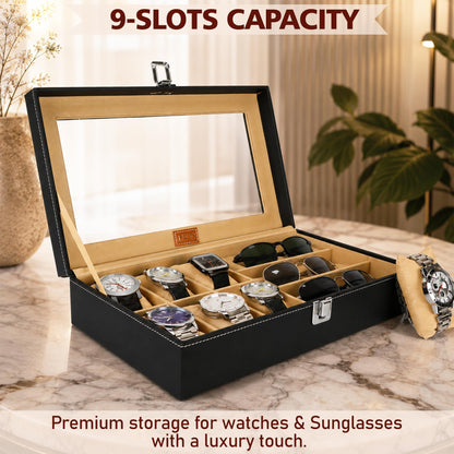 LEDO Men's and Women's Watch Box Holder Organizer Case In 12 Slots of watches In PU Leather with Black & Gray