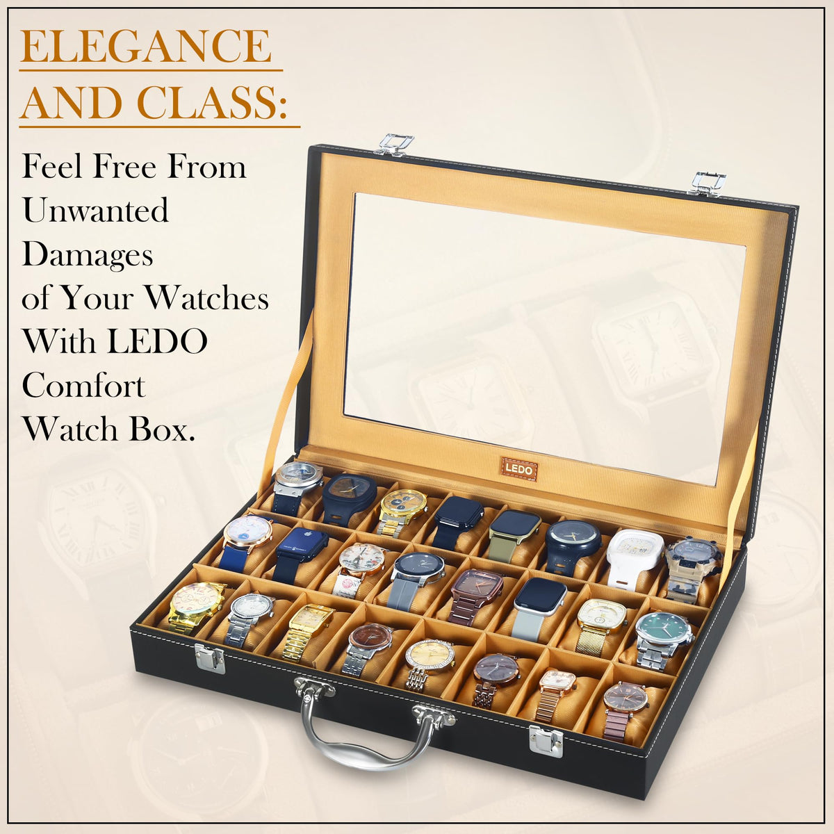 LEDO Men's and Women's Watch Box Holder Organizer Case In 12 Slots of watches In PU Leather with Black & Gray