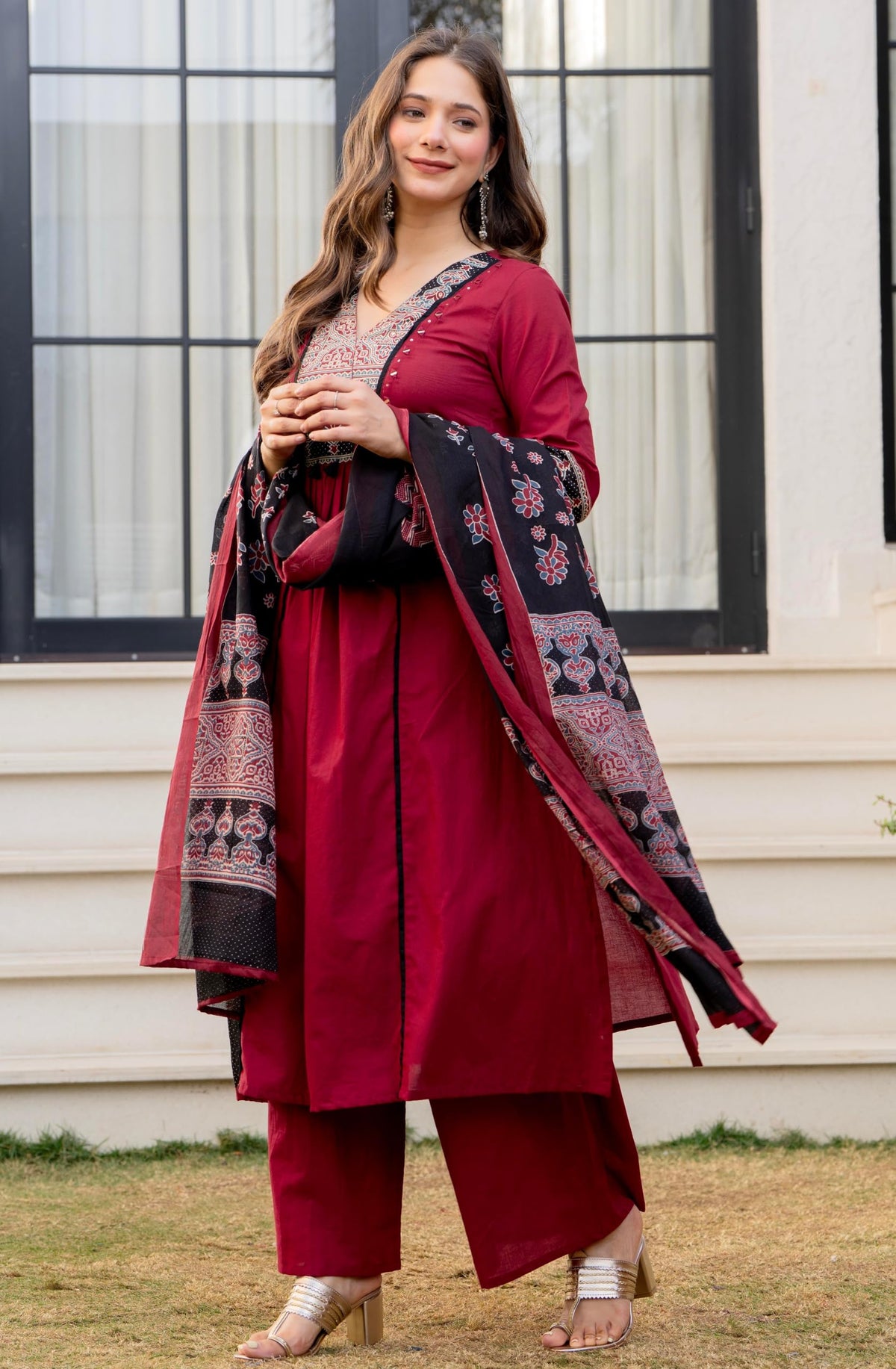 Amayra Women's Pure Cotton A-Line Kurta Set with Palazzo Pants & Dupatta|Ethnic wear|Kurti Suit Set for Women