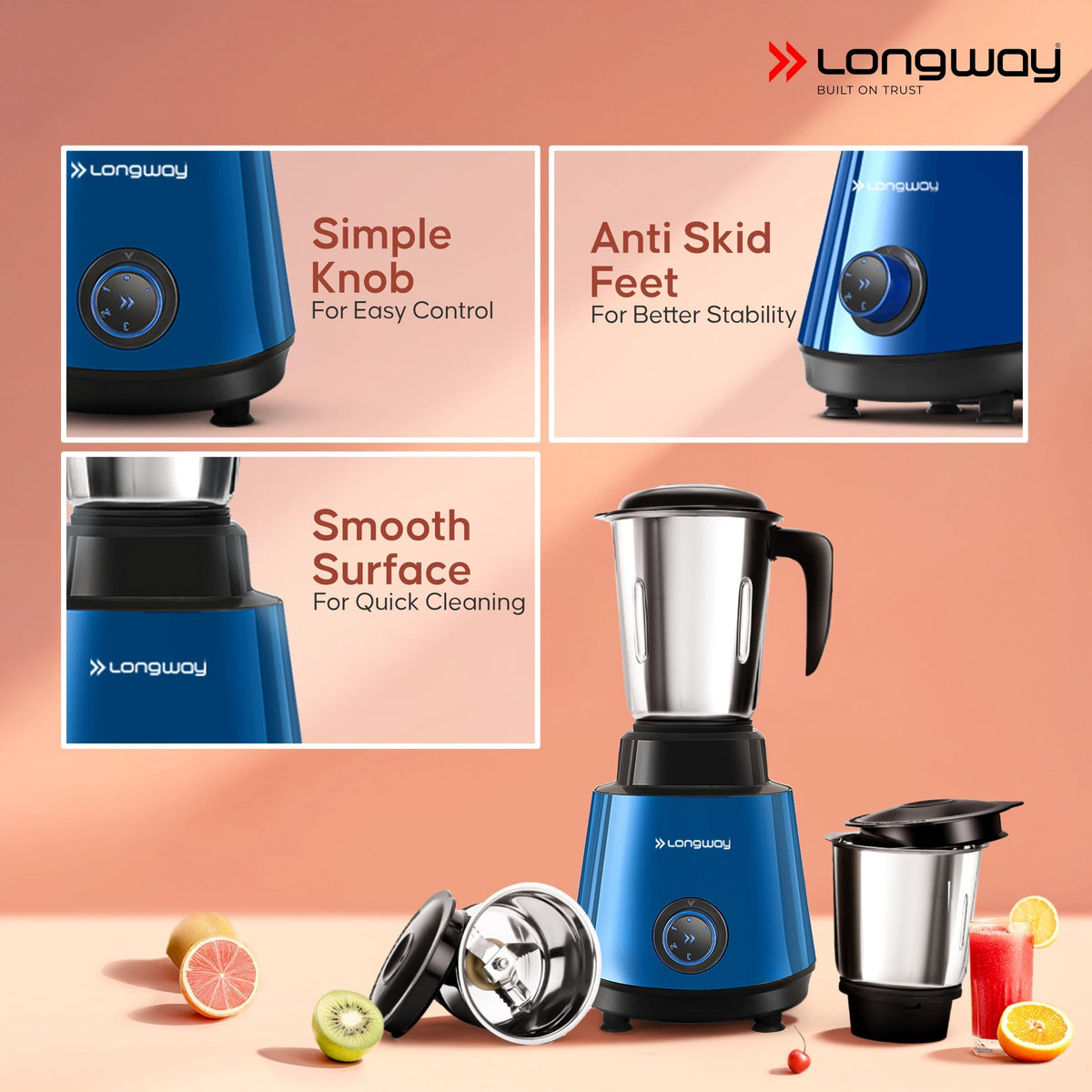 Longway Super Pro Juicer Mixer Grinder | Up to 750W Max Output Powerful Motor | 4 Jars for Grinding, Mixing, Juicing | 2 Years Warranty (Blue & Black)