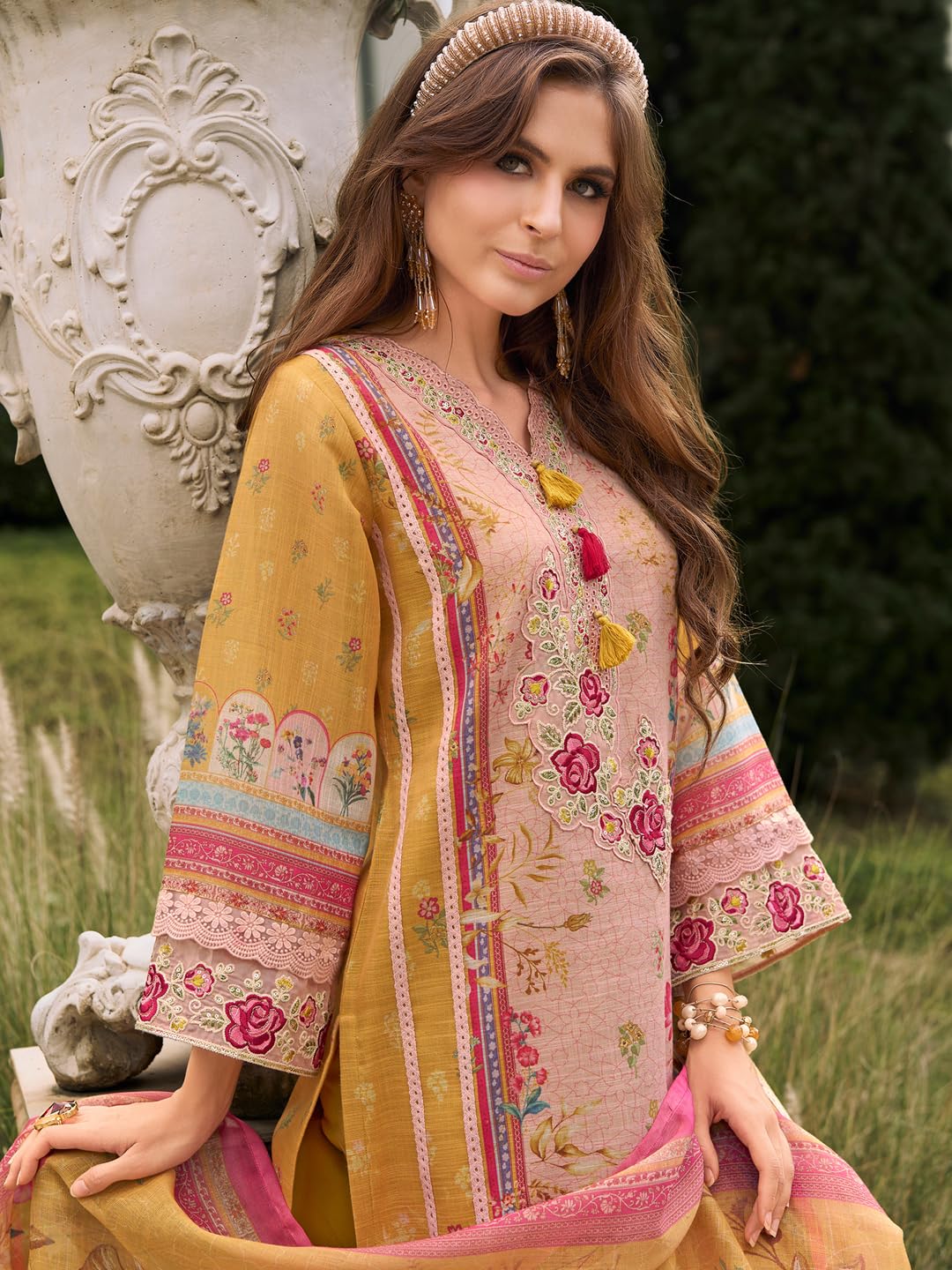INDO ERA Women's Straight Linen Floral Printed Kurta & Pant with Dupatta Set | Kurta Sets For Woman