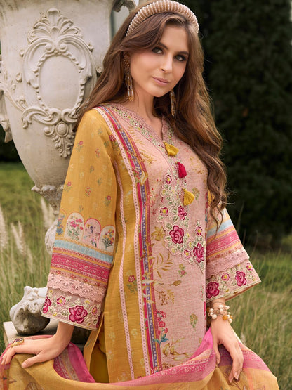 INDO ERA Women's Straight Linen Floral Printed Kurta & Pant with Dupatta Set | Kurta Sets For Woman
