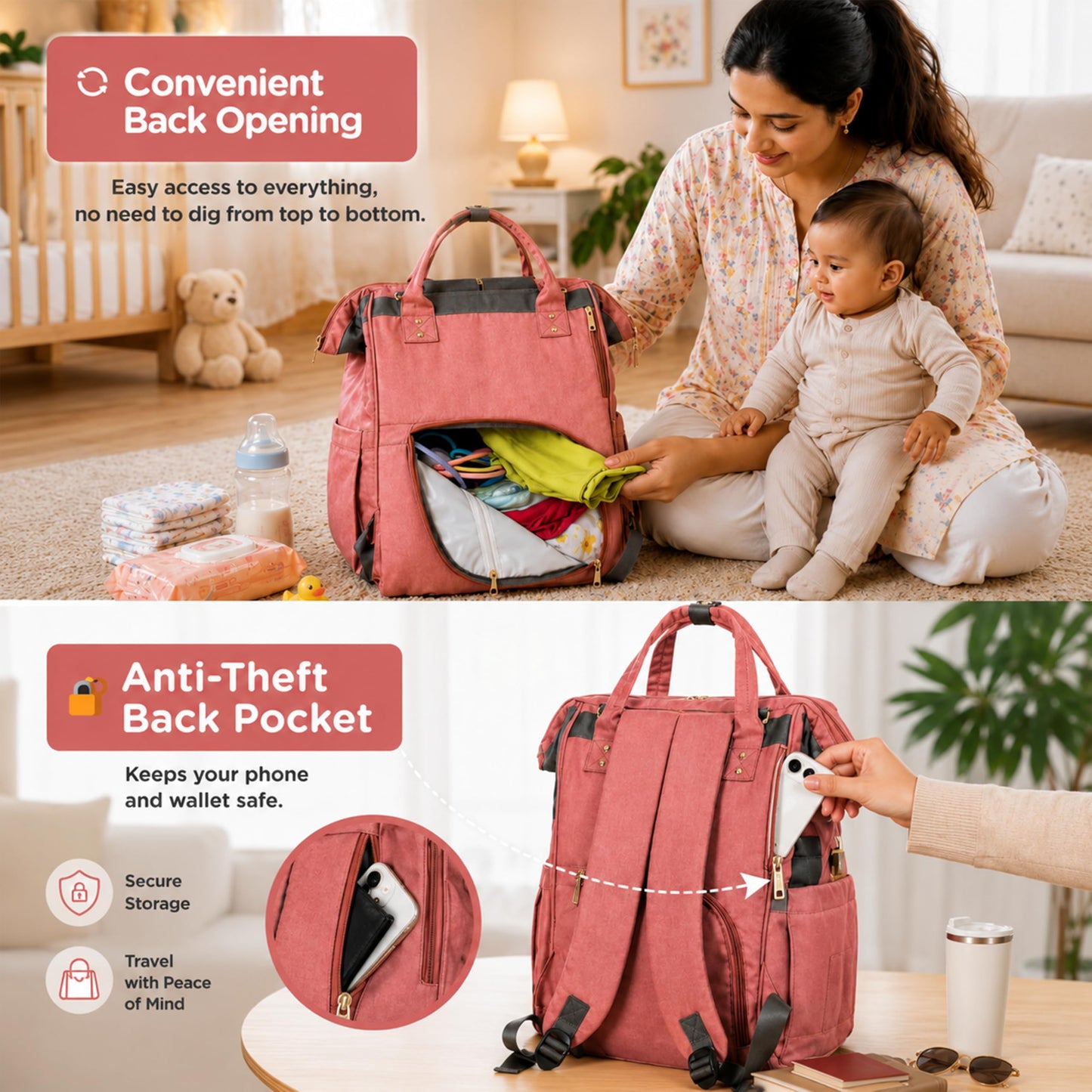 Motherly Patented Diaper Bag For Mothers For Travel, Crown Series, Pink | Backpack for Mothers | Waterproof Baby Travel & Maternity Bag | Multiple Compartments, Insulated Bottle Pockets, Warranty