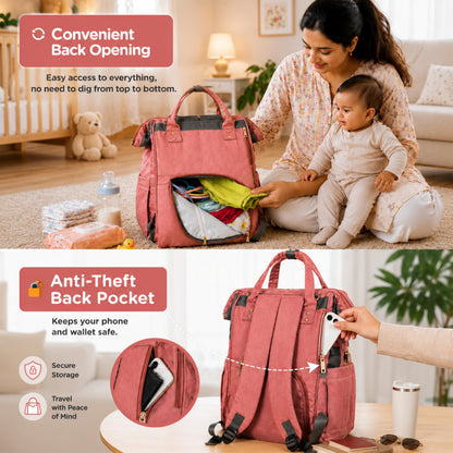 Motherly Patented Diaper Bag For Mothers For Travel, Crown Series, Pink | Backpack for Mothers | Waterproof Baby Travel & Maternity Bag | Multiple Compartments, Insulated Bottle Pockets, Warranty