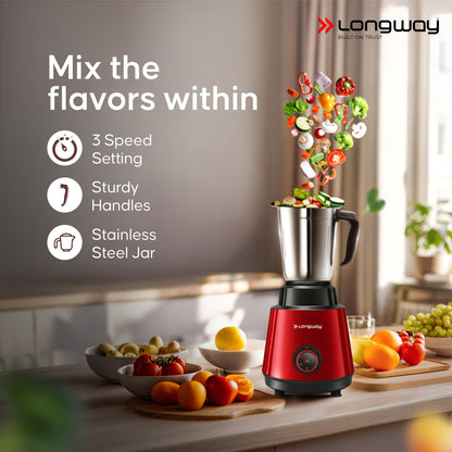 Longway Super Pro Juicer Mixer Grinder | Up to 750W Max Output Powerful Motor | 4 Jars for Grinding, Mixing, Juicing | 2 Years Warranty (Blue & Black)