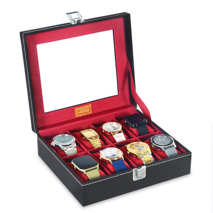 LEDO Men's and Women's Watch Box Holder Organizer Case In 12 Slots of watches In PU Leather with Black & Gray